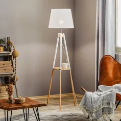 Vloerlamp Vaio driepoot houten frame, witte kap