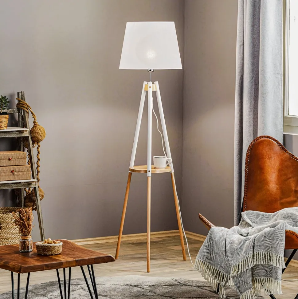 Vloerlamp Vaio driepoot houten frame, witte kap