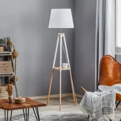 Vloerlamp Vaio driepoot houten frame, witte kap