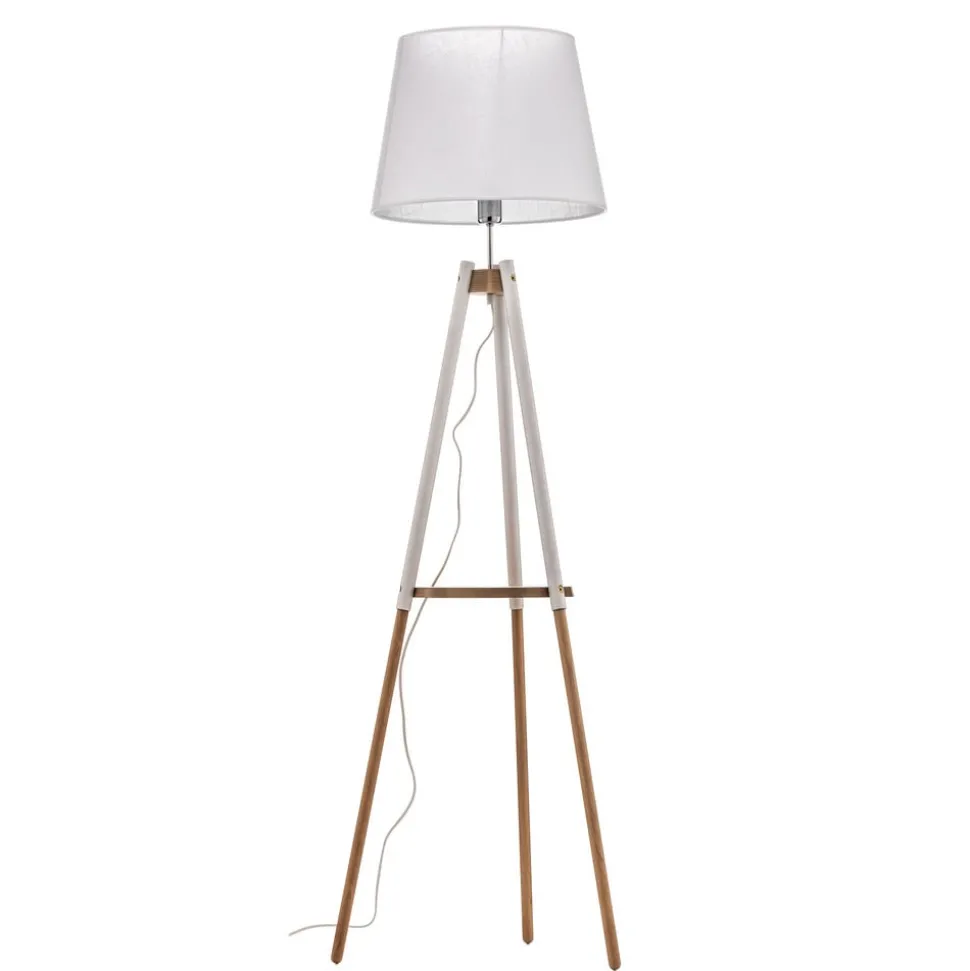 Vloerlamp Vaio driepoot houten frame, witte kap