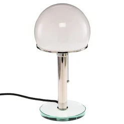 Wagenfeld-tafellamp, glazen voet, metalen staander
