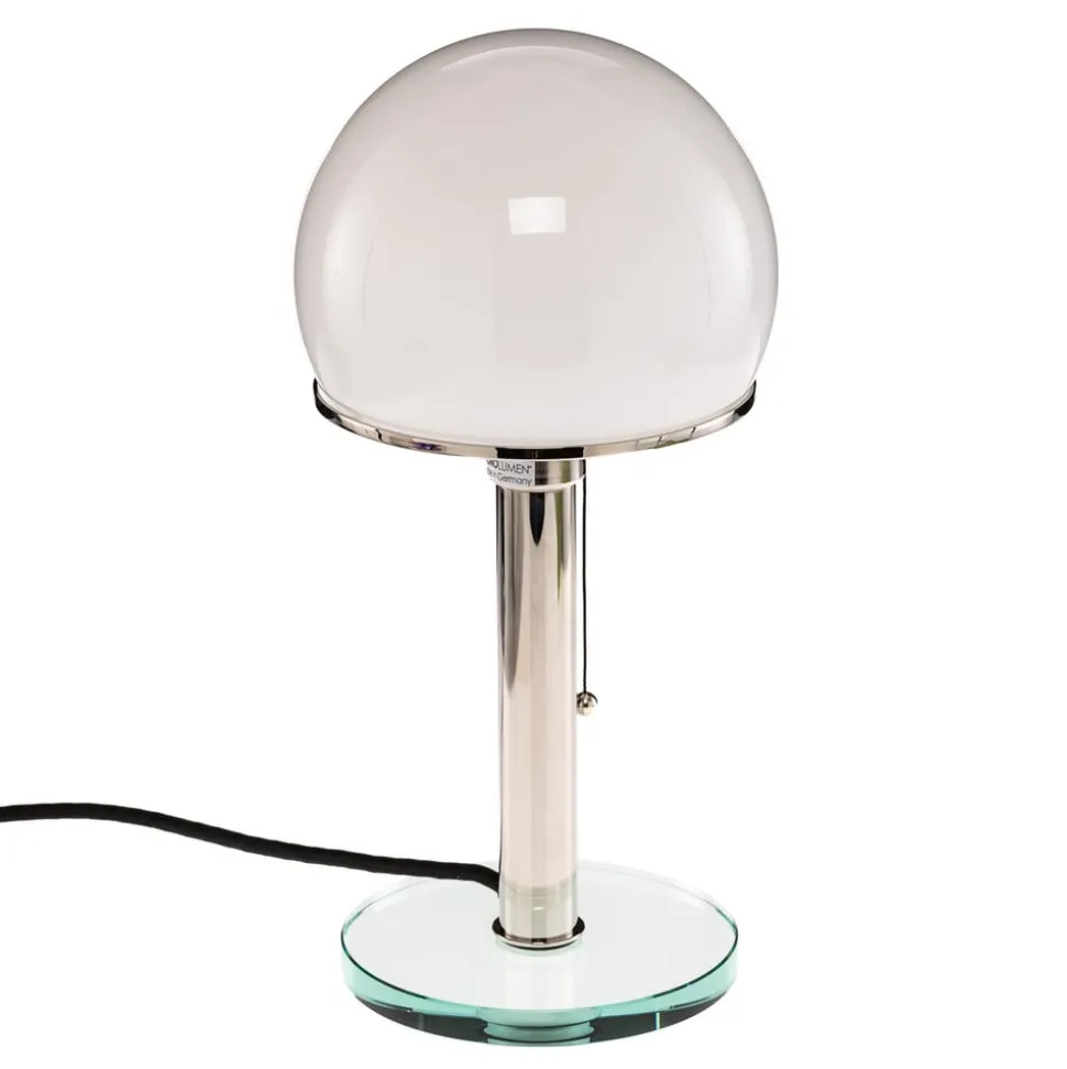 Wagenfeld-tafellamp, glazen voet, metalen staander