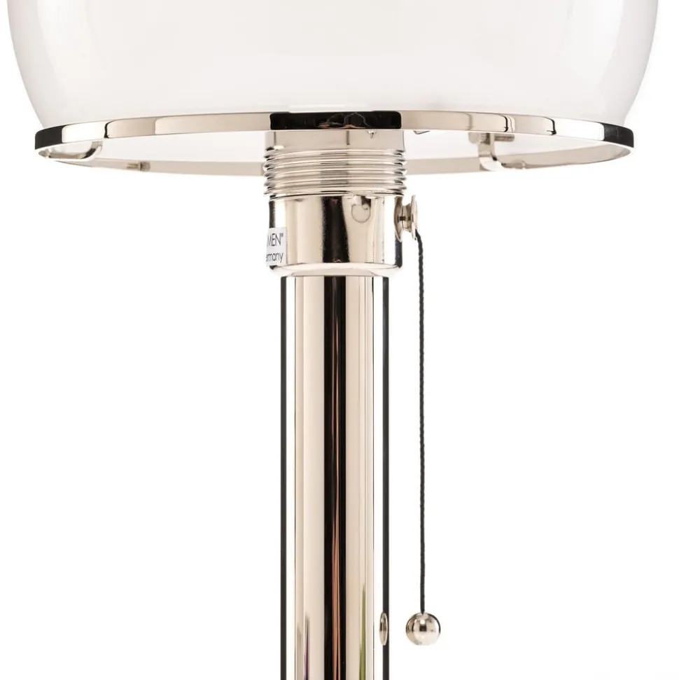 Wagenfeld-tafellamp, glazen voet, metalen staander