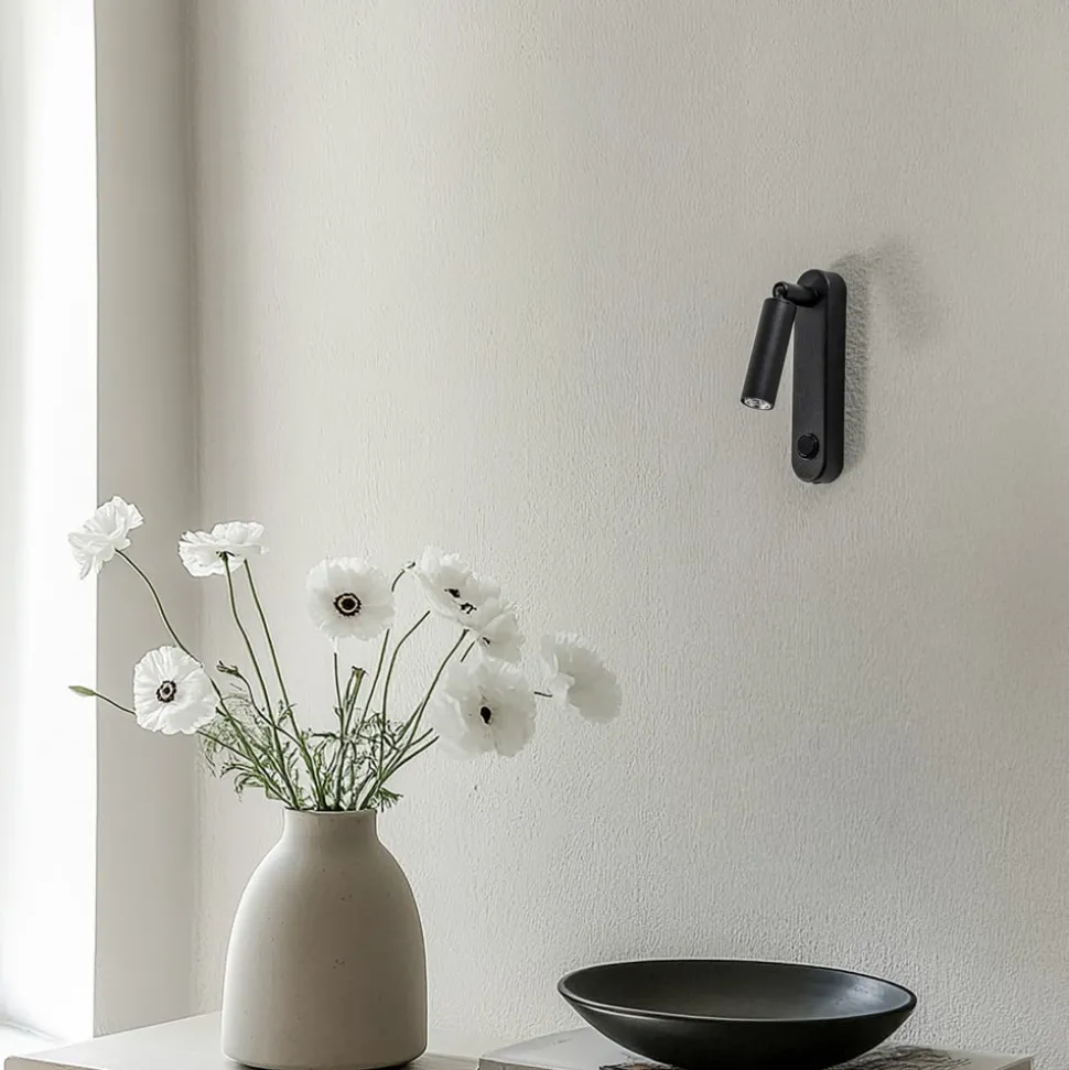 Wandlamp Enzo Long, zwart, metaal, 22 cm, verstelbaar, G9