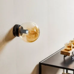 Wandlamp Glassy, zwart, amber, glas, E14, Ø 14 cm