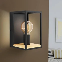 Wandlamp Libertad, breedte 14 cm, zwart/hout, staal