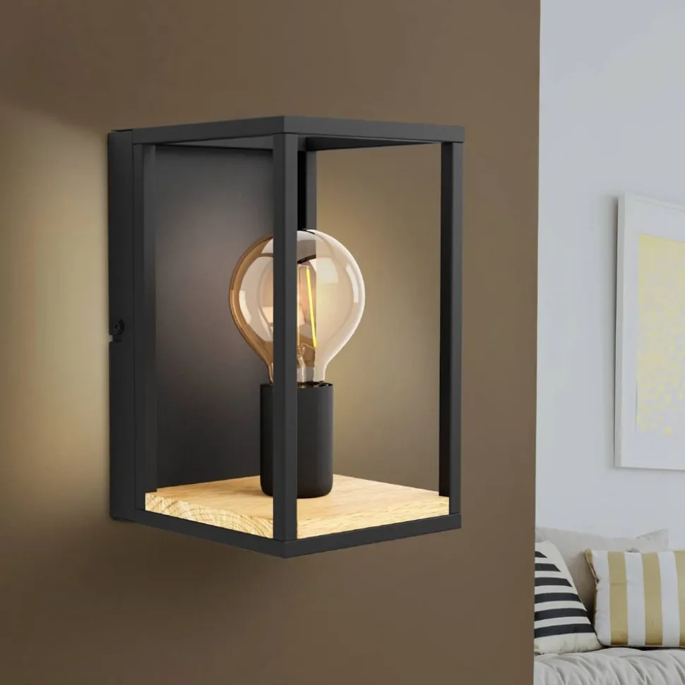 Wandlamp Libertad, breedte 14 cm, zwart/hout, staal