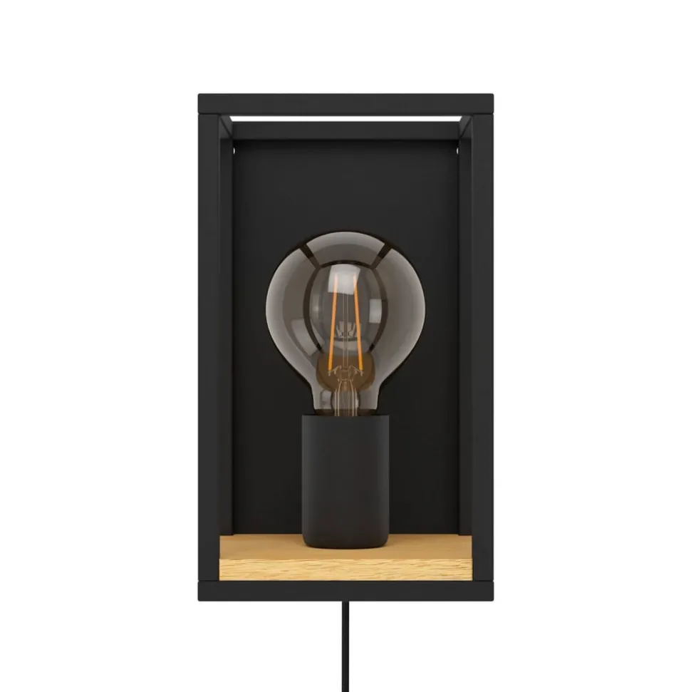 Wandlamp Libertad, breedte 14 cm, zwart/hout, staal