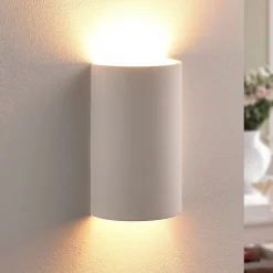 Wandlamp Lindby Colja, rond, hoogte 16 cm, gips, wit