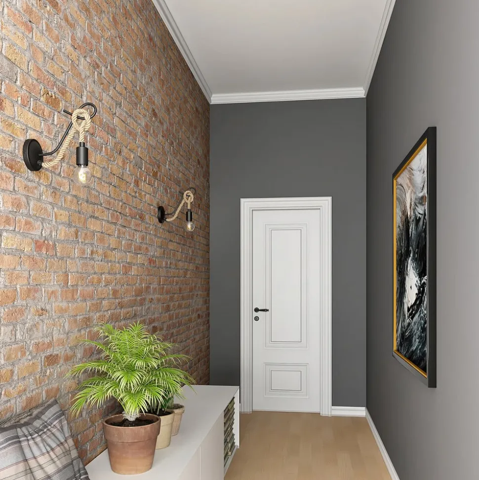 Wandlamp Lucande Ropina, zwart, henneptouw, hoogte 25cm