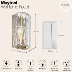 Wandlamp Maytoni Facet, hoogte 25 cm, goudkleurig, glas, E14