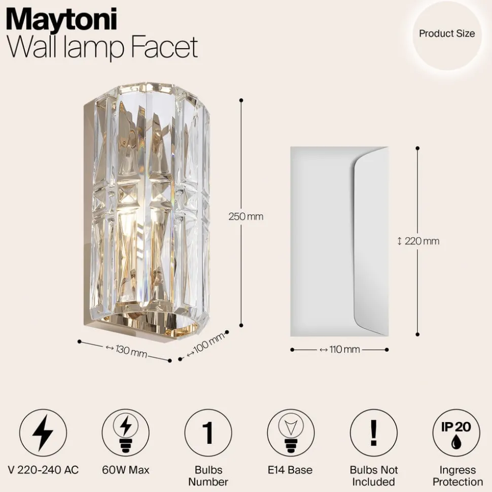 Wandlamp Maytoni Facet, hoogte 25 cm, goudkleurig, glas, E14