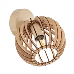 Wandlamp Paz wit met houten lamellen en bolvormige kap
