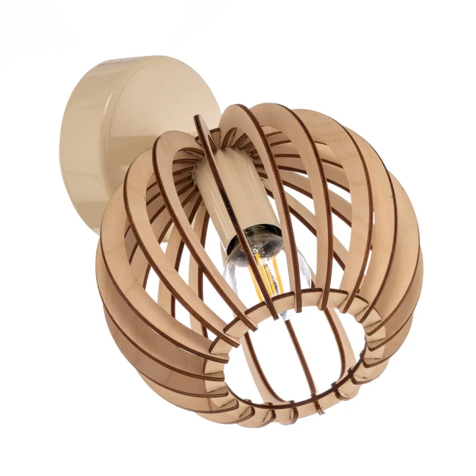 Wandlamp Paz wit met houten lamellen en bolvormige kap