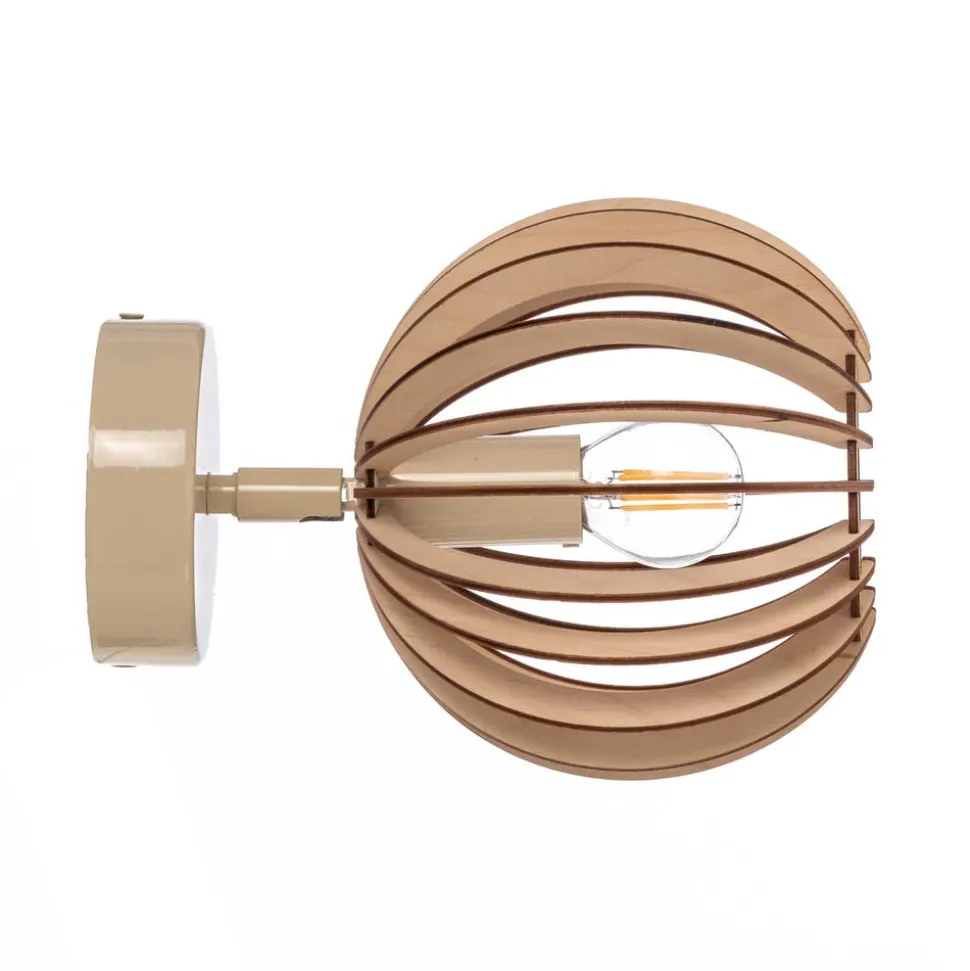 Wandlamp Paz wit met houten lamellen en bolvormige kap