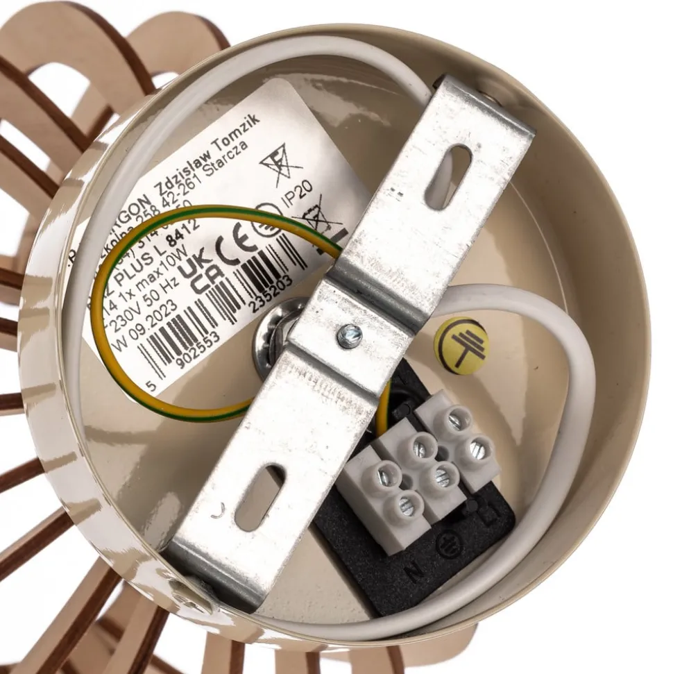 Wandlamp Paz wit met houten lamellen en bolvormige kap