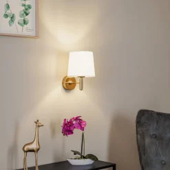 Wandlamp Polo Plus textiel kap, messing/crème