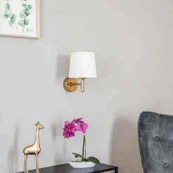 Wandlamp Polo Plus textiel kap, messing/crème