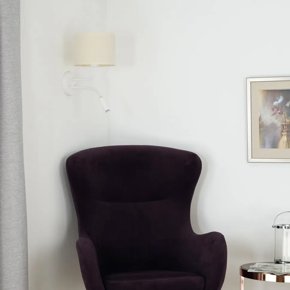 Wandlamp roller, stof, wit/beige, leeslampje