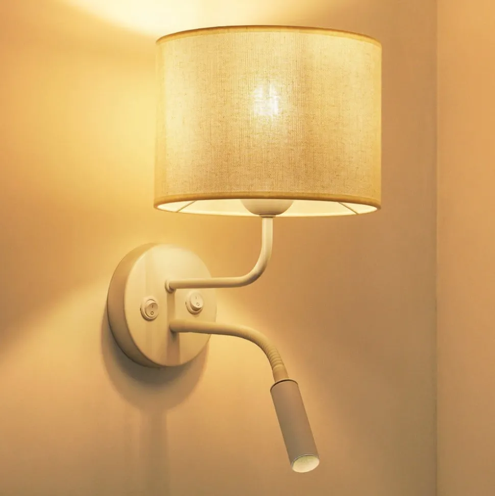 Wandlamp roller, stof, wit/beige, leeslampje