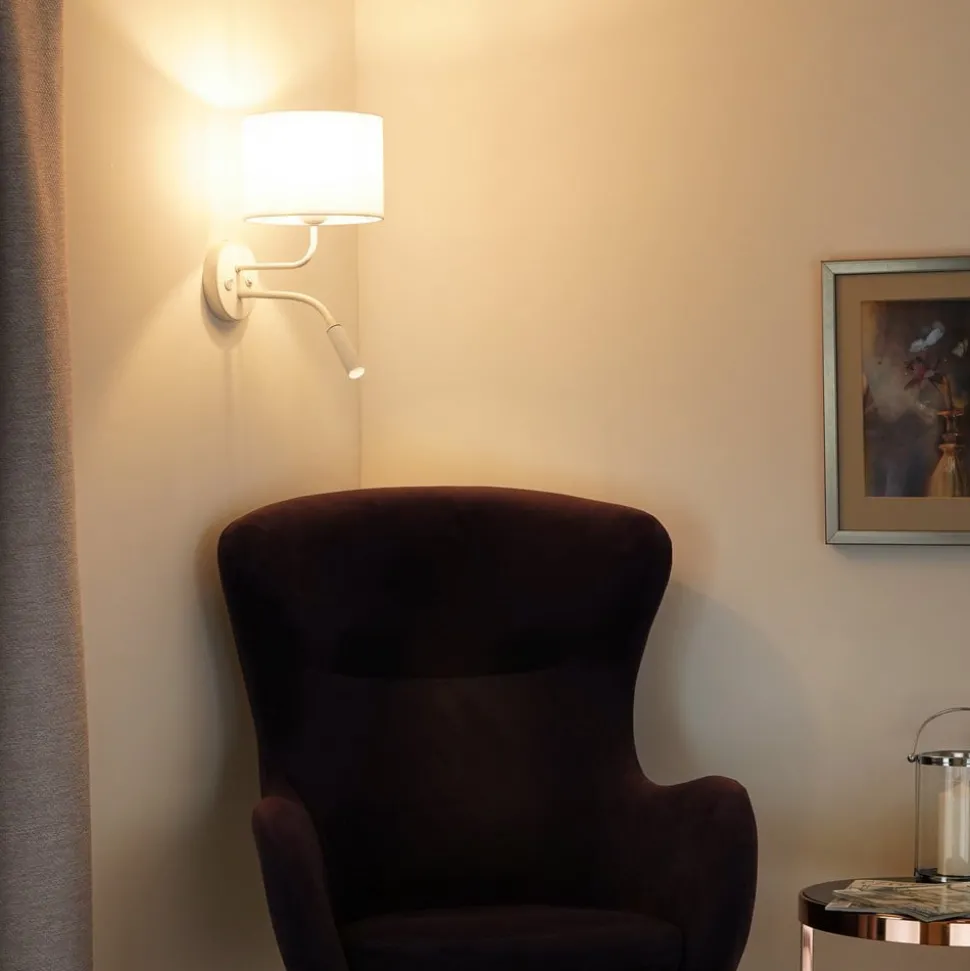 Wandlamp roller, wit, stof, leeslampje