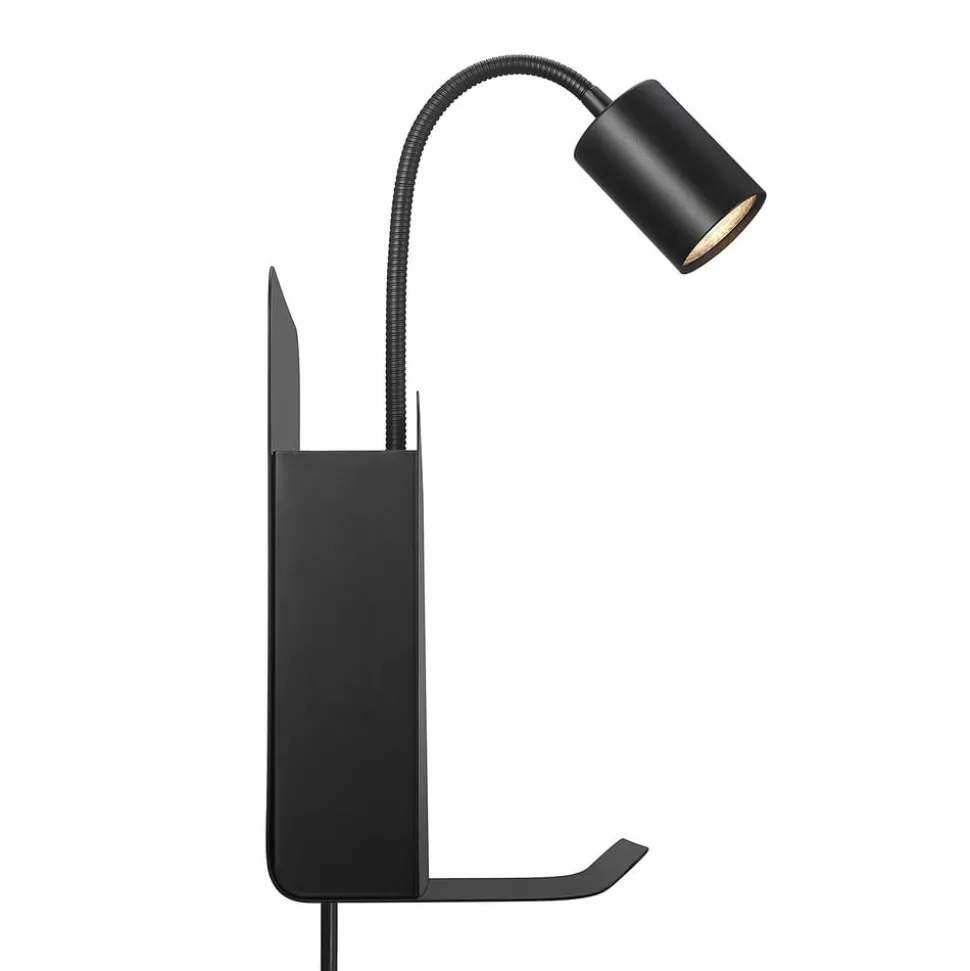 Wandlamp Roomi met legbord en USB, zwart