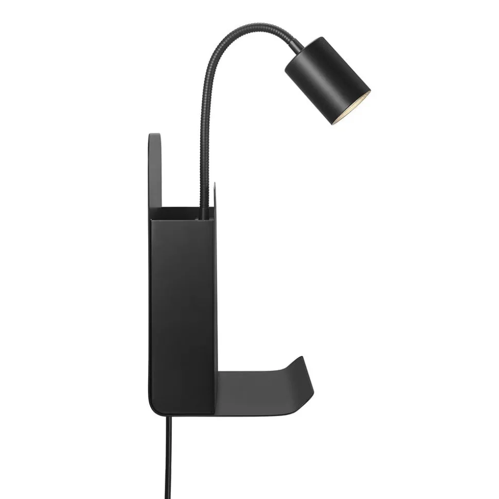 Wandlamp Roomi met legbord en USB, zwart