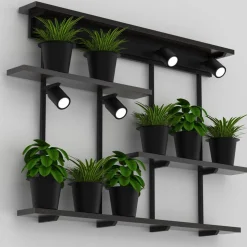 Wandlamp Shelf, zwart, breedte 102 cm, hout, 4-lamps.