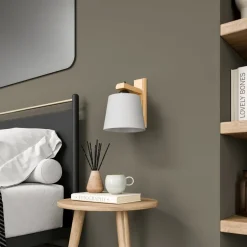 Wandlamp Zweden, wit, textiel, eikenhout, breedte 20 cm